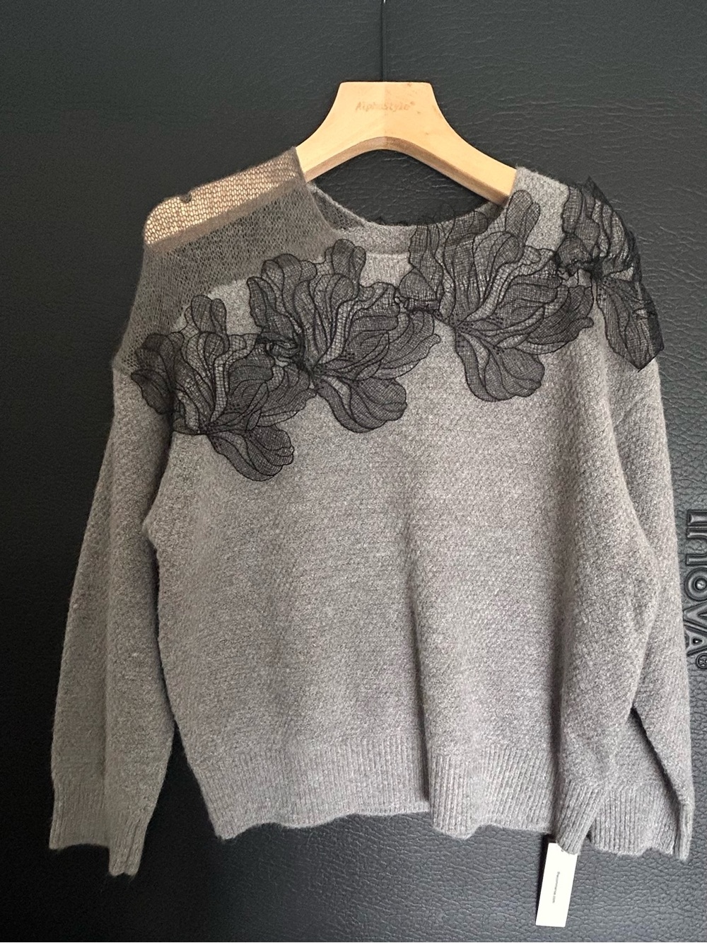 Commense Gray Sweater with Black Floral Lace Appliqué